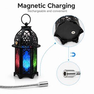 May include: A black metal lantern with a top hanging ring and red, blue, and green patterned glass panels. The text Magnetic Charging Rechargeable and convenient is visible. A magnetic charging cable attaches to the base of the lantern.
