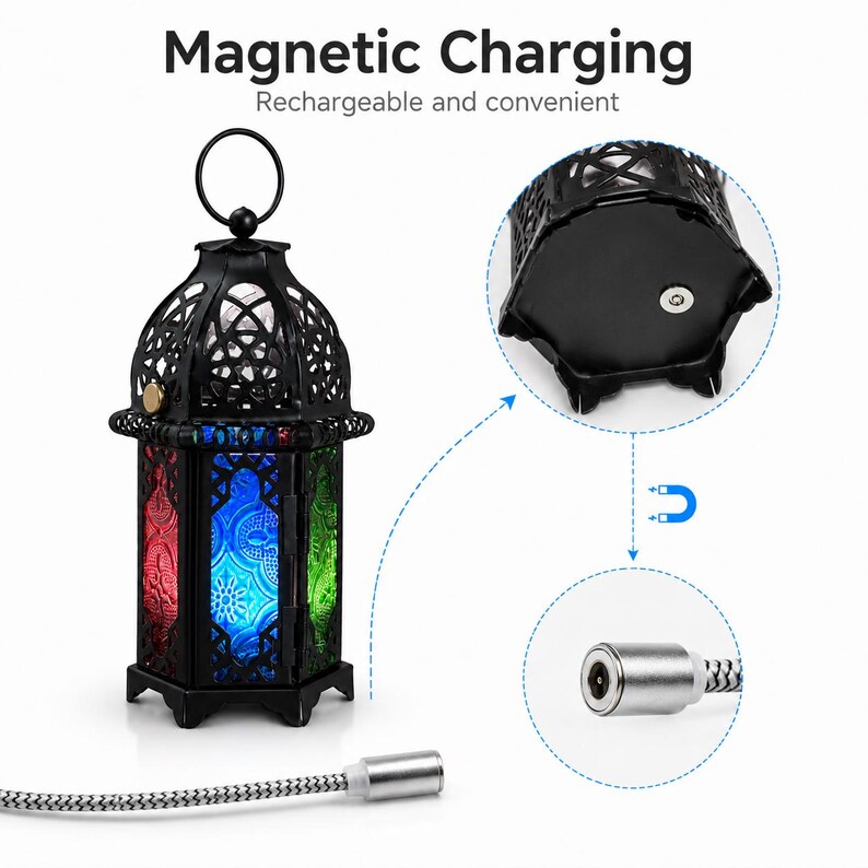 May include: A black metal lantern with a top hanging ring and red, blue, and green patterned glass panels. The text Magnetic Charging Rechargeable and convenient is visible. A magnetic charging cable attaches to the base of the lantern.