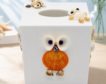 DIY Seashell Owl Tissue Box Cover- DIY Shell Craft kits-Coastal Square Tissue Holder for Bathroom & Home Decor-Unique Christmas Gift