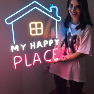 Neon Signs Custom | Neon Sign My Happy Place | Neon Sign Bar | Neon Sign Wall Decor | Neon Sign Party | Custom Neon Light |Neon Sign Bedroom
