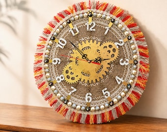 Wall Clock Boho Silent Non‑Ticking Quartz Clock with Vintage Gear Handmade Wall Decor for Living Room