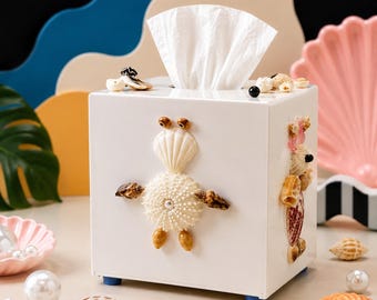 DIY kit Handcrafted Seashell Tissue Box Cover-Square Cube Holder Ocean Shell Art Decor Christmas gift Table-Unique Beach Themed Decor Gift