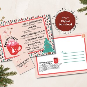 以下が含まれることがあります： ピンクと赤のカードに、ホットチョコレートのカップと「Cup of Cheer」の文字が書かれた、12.7 x 17.8 cm の印刷可能なデジタルダウンロードです。カードには、ブラックチェリーサイダー、チャイティー、バニラビーンカプチーノ、ペパーミントモカ、ホットワイン、ホットトディなど、さまざまなホリデーシーズンのドリンクレシピが記載されています。
