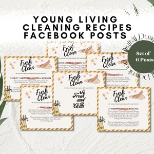 May include: A set of six printable social media posts with a gold and white striped border. Each post features a hand with a cleaning product and the text "Fresh & Clean" with a star design. The text "Young Living Cleaning Recipes Facebook Posts" is at the top of the image.