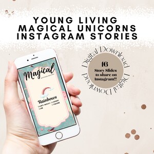 Könnte beinhalten: Ein Smartphone zeigt einen digitalen Download von 16 Instagram-Story-Slides mit einem magischen Einhorn-Thema. Die Slides sind mit Regenbögen, Wolken und Sternen verziert. Der Text "Magical" und "Rainbows" ist auf dem Bildschirm sichtbar.