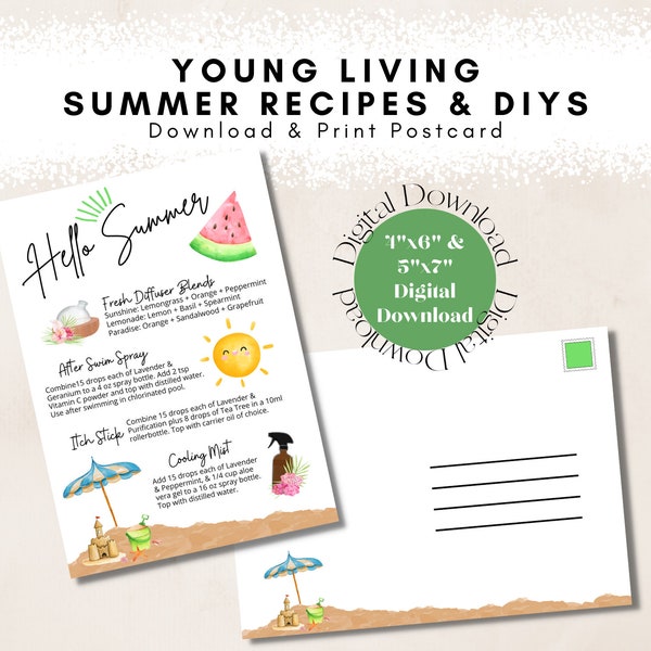 Hello Summer Young Living Essential Oils Recipe Sheet, Digital Download, Make and Take, Card, YL Marketing, 5 x 7 & 4 x 6