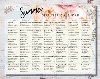 Printable Summer Diffuser Monthly Calendar, Young Living, Essential Oils, Digital Download, Essential Oil Accessories, Make & Take