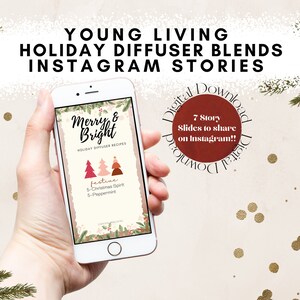 Peut inclure: Un écran de smartphone affichant un téléchargement numérique de 7 diapositives d'histoires Instagram présentant des mélanges de diffuseurs de vacances. Les diapositives sont intitulées "Merry & Bright" et présentent des parfums festifs comme Christmas Spirit et Peppermint.