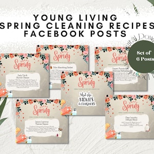 May include: A digital download of six Facebook posts with spring cleaning recipes. Each post features a floral design and the words "Happy Spring." Recipes include daily tub & shower cleaner, odor absorbing sachet, and other cleaning solutions.