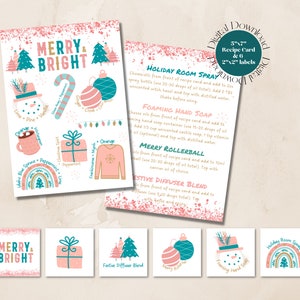 May include: Printable recipe cards with a pink and teal color scheme. The cards feature a festive Christmas theme with illustrations of a snowman, a gift, a Christmas tree, and a rainbow. The text on the cards reads "Merry & Bright" and includes recipes for Holiday Room Spray, Foaming Hand Soap, Merry Rollerball, and Festive Diffuser Blend.