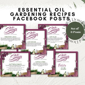 May include: Six square social media posts with a purple background and floral accents. Each post features a different essential oil recipe for gardening, including "Gardener's Salve", "Weed Killer", "619 Away", "Butterfly Garden", "Fungus Spray", and "Flowers & Seeds".