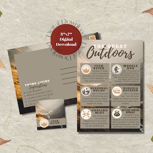 Puede incluir: Una postal marrón y beige con el texto "The Great Outdoors" en una fuente grande. La postal está dividida en seis secciones, cada una con una receta diferente de mezcla de aceites esenciales para actividades al aire libre. Las recetas incluyen "itch stick", "muscle rub", "seasonal relief", "ningxia refresh", "cooling mist" y "after swim spray".
