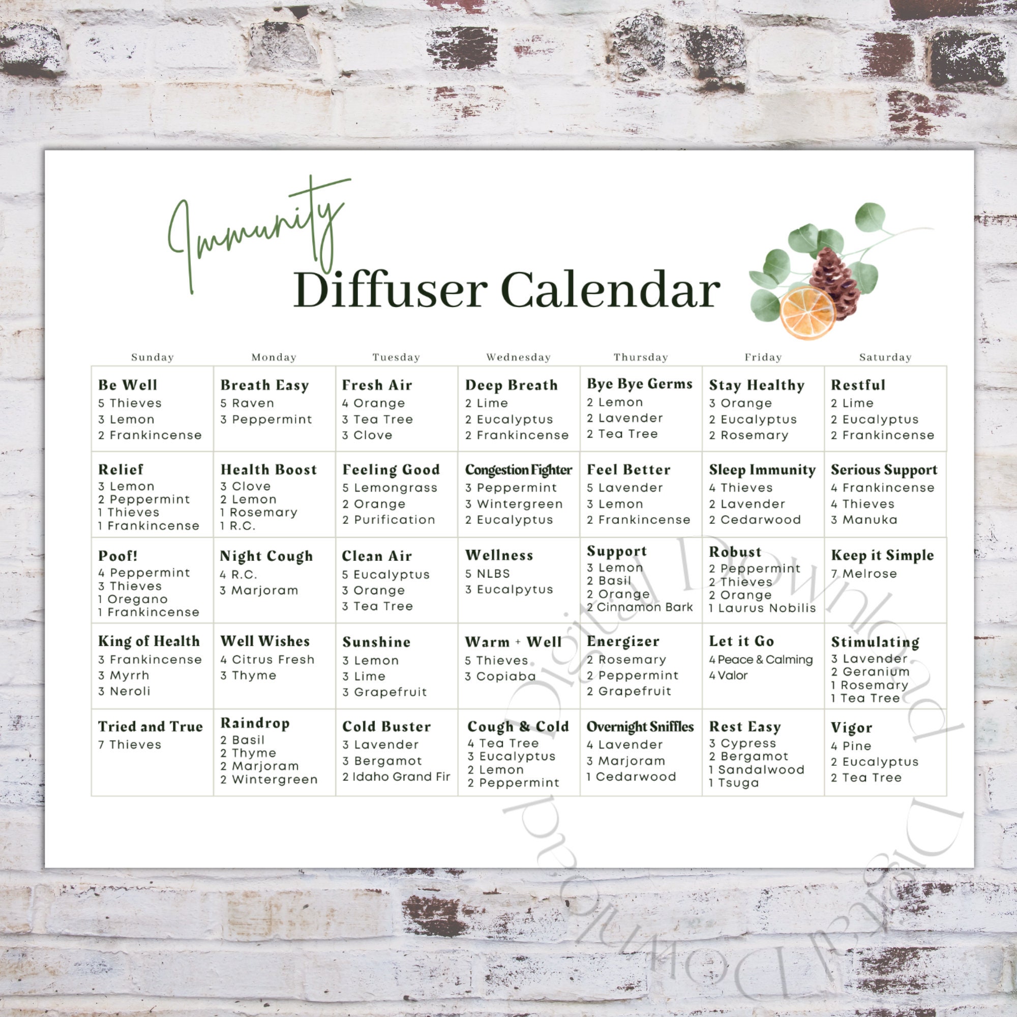 Printable Immunity Diffuser Monthly Calendar, Young Living, Essential Oils, Digital Download, Essential Oil Accessories, Make & Take