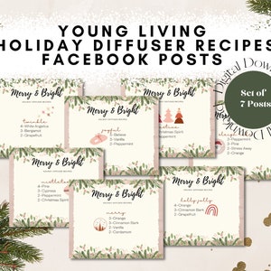 Könnte beinhalten: Sieben digitale, druckbare Social-Media-Posts für Young Living ätherische Öl-Diffuser-Rezepte. Jeder Beitrag zeigt ein festliches Urlaubsthema mit dem Titel "Merry & Bright" und eine Liste ätherischer Öle und Mengen für eine Diffuser-Mischung. Die Titel beinhalten "Twinkle", "Joyful", "Stive", "Mistletoe", "Merry", "Lollypolly" und "Sleepy Time".