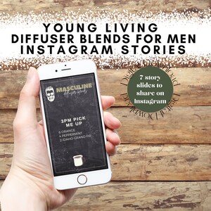 Könnte beinhalten: Ein Smartphone, auf dem eine digitale Marketinggrafik für eine Diffuser-Mischung namens "Masculine Diffuser Blends" angezeigt wird. Die Grafik zeigt einen schwarzen Hintergrund mit dem Text "3PM Pick Me Up" und einer Liste von ätherischen Ölen: 6 Orange, 4 Pfefferminze, 2 Idaho Grand Fir. Die Grafik enthält auch eine kleine Illustration eines Diffusers.