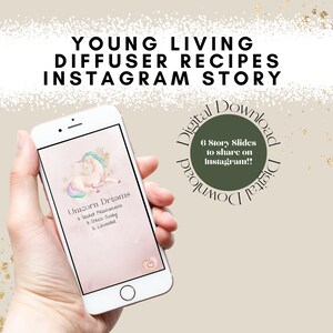 Könnte beinhalten: Ein Smartphone-Bildschirm zeigt einen digitalen Download für Young Living Diffuser-Rezepte. Der Bildschirm zeigt einen rosa Hintergrund mit einer Einhorn-Illustration und dem Text "Unicorn Dreams" mit einer Liste ätherischer Öle: "Taut Prak", "Stress Away" und "Lavender". Der Text "Digitaler Download" befindet sich in einem grünen Kreis mit dem Text "6 Story Slides zum Teilen auf Instagram!!" im Inneren.