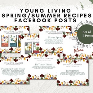 May include: Seven printable social media posts for Young Living essential oil recipes. Each post features a floral design with a botanical garden theme and includes a recipe for a different essential oil blend, such as room spray, foaming hand soap, diffuser blend, and rollerball.