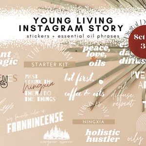 May include: A set of 35 digital stickers for Instagram stories featuring Young Living essential oil phrases. The stickers are in a variety of colors and fonts, and include phrases like "plant magic", "thieves", "first I drink the Ningxia then I do the things", "peace, love, oils", "but first, coffee & oils", "holistic hustler", "oily babe", and "I've got an oil for that".
