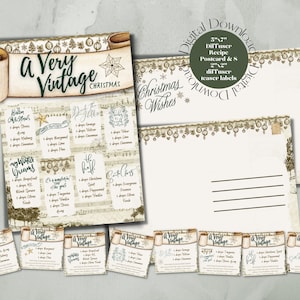 以下が含まれることがあります： クリスマスディフューザーレシピのポストカードと5cm×5cmのディフューザーティーザーラベルの印刷可能なデジタルダウンロードです。デザインは、音楽ノートの背景と「A Very Vintage Christmas」というテキストが書かれたスクロールを備えたヴィンテージスタイルです。