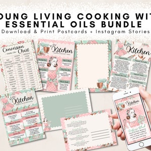 Pacote de cartão postal Cozinhando com óleos essenciais - Download instantâneo - Para impressão - Young Living - Cartão de correio feliz - Receitas de difusores - Cozinha DIY