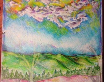 Original Artwork, Color pencil drawing, Nature scene, Winter Cloud , sky art, Winter tree artwork,  landscape Artwork, Winter Fading