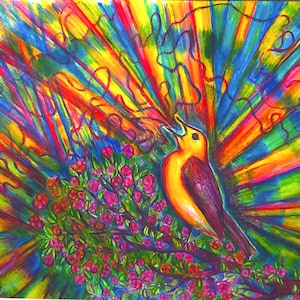 Color art print of a spring bird, semigloss, signed by artist, two sizes, colorful art, nature, both realistic,  abstract art, hopeful art