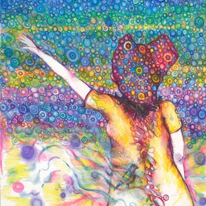 Carte de vœux, Belle femme avec chapeau et oiseau, art circulaire, art original, pointillé, mystique, ciel arc-en-ciel, beau ciel, magique, surréaliste