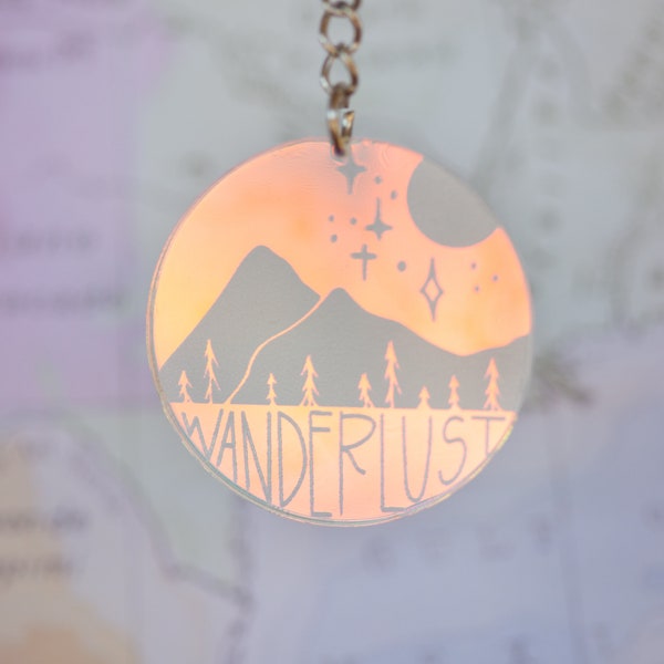 Wanderlust Keychain | Travel Keychain | Wander Keyring | Explore | Exploration | Get Outside | Explore More | Iridescent Keychain | Mountain