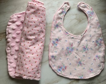 Handmade burp cloth and matching bib - PINK