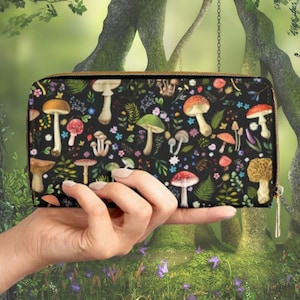 Mushroom Wallet | Witchy Mushrooms Forest Nature Zipper Wallet | Mushroom Accessory Bag | Cottagecore | Dark Academia | Goblincore | Fairy