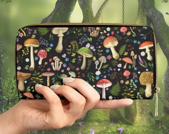 Mushroom Wallet | Witchy Mushrooms Forest Nature Zipper Wallet | Mushroom Accessory Bag | Cottagecore | Dark Academia | Goblincore | Fairy