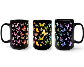 Rainbow Butterfly Mug | 15 oz Black Butterfly Mug | Rainbow Ombre Gradient Butterfly Mug | Butterfly Lover Mug | Gift for Butterfly Lover