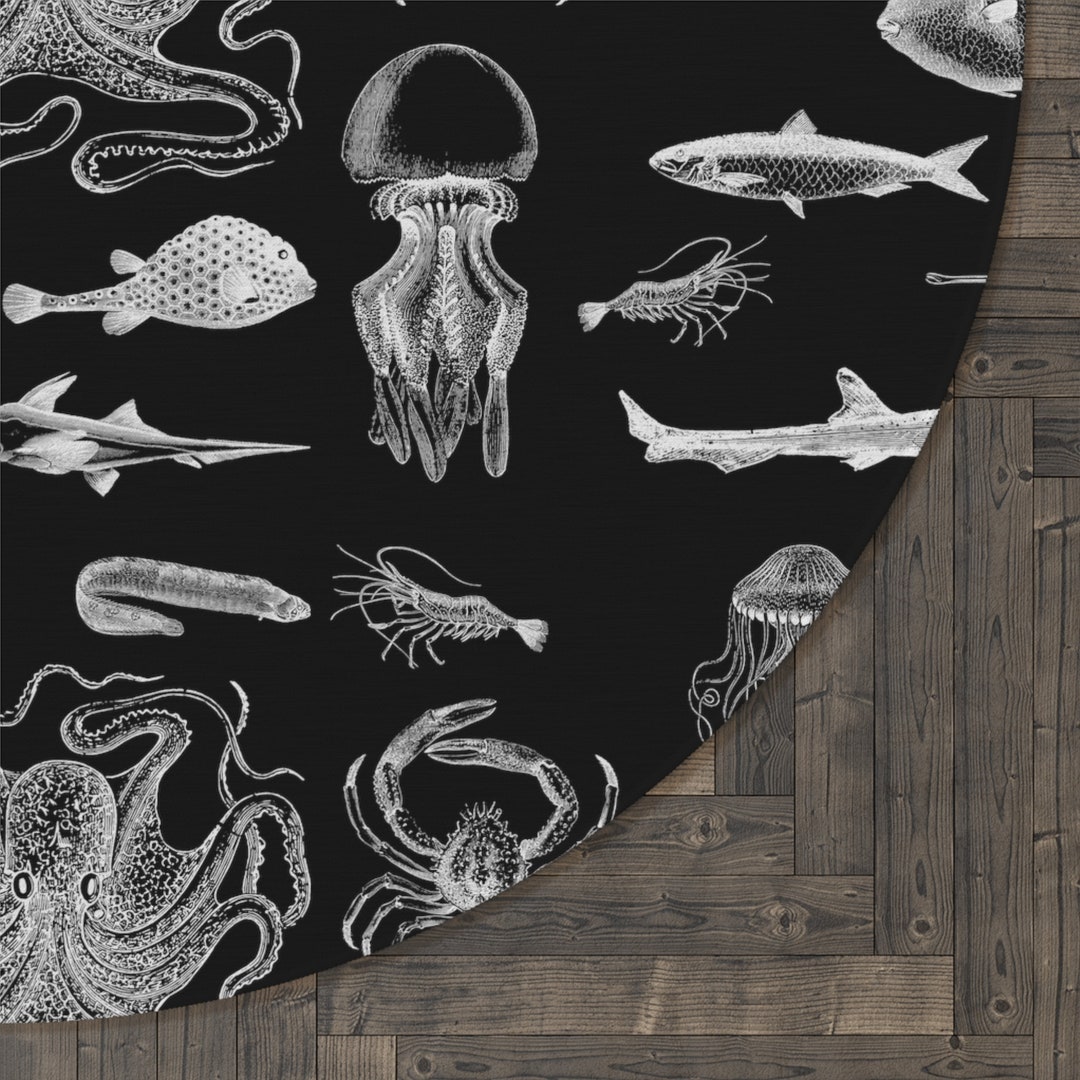 Goth Nautical Rug Round Sea Creature Rug Round Octopus Rug Illustrated ...