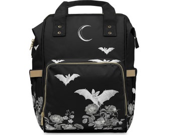 Goth Bats Diaper Bag | Diaper Backpack | Gothic Diaper Bag | Bats and Moon Diaper Bag | Witchy Diaper Bag | Horror Aesthetic Bag