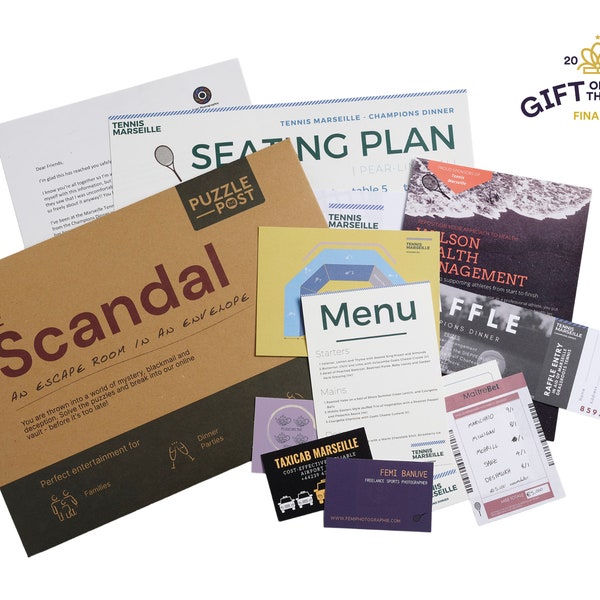 Escape Room in an Envelope - The Scandal! Dinner Party Edition, tabletop game for up to 8 people