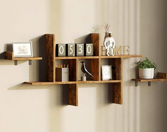 Intersecting Squares Wooden Floating Shelf Set of 5 Cubes with Free Extra Jewellery Hooks Interlocking Wall Shelf Wall Mounted Horizontally or Vertically Display Shelves,Espresso 
