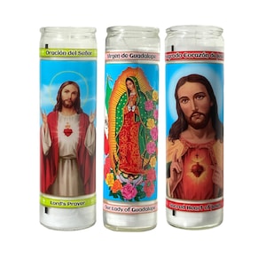 Lord&#39;s Prayer Our Lady of Guadalupe Sacred Heart Prayer Candles 3 Pack 7 Day Votive Candle