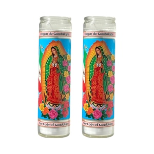 Our Lady of Guadalupe Glass Prayer Candles, Virgen de Guadalupe 2 Pack 8 in.