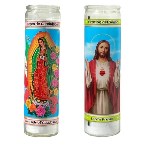 Lord's Prayer & Our Lady of Guadalupe Prayer Candles 8in 2 Pack