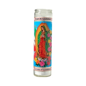 Our Lady of Guadalupe Glass Prayer Candles, Virgen de Guadalupe Unscented 8 in.