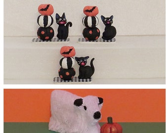 Miniature Halloween Decor, Halloween Decor, Tray Decor, Miniatures, Miniature Black Cat, Miniature Pumpkins, Cow, Halloween, Dollhouse Art