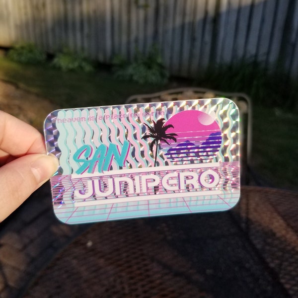 San Junipero vaporwave Black Mirror holo prism mini bumper sticker