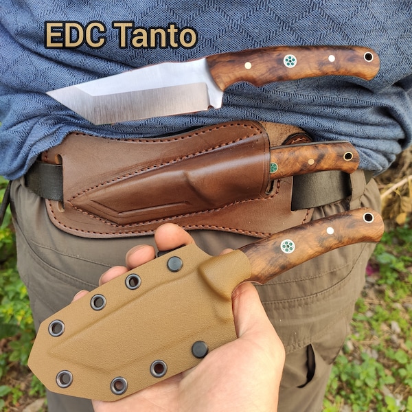 Tanto point EDC Custom Knife with Scout Carry Kydex Leather Sheath Option, Fixed Blade Knife Gift Stabilized Chestnut Wood Burl Elmax  Steel