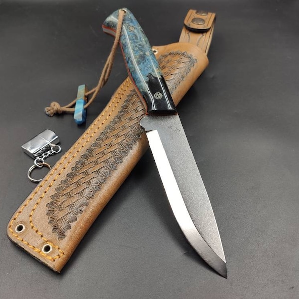 Custom Scandi Bushcraft Knife, Woodlore Style Fixed Blade Survival Knife with Belt Sheath, handmade personalized knife gift for him