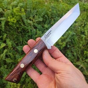 Unique Tanto Knife, Hollow grind N690 Steel Full Tang Tanto Knife with Palm Wood Handle & Leather Sheath, Handcrafted knife gift for him