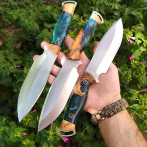 Stunning Little Chopper, Handcrafted Bushcraft Knife with Leather Sheath Olive Wood Resin Handle, Personalized Outdoor Gift
