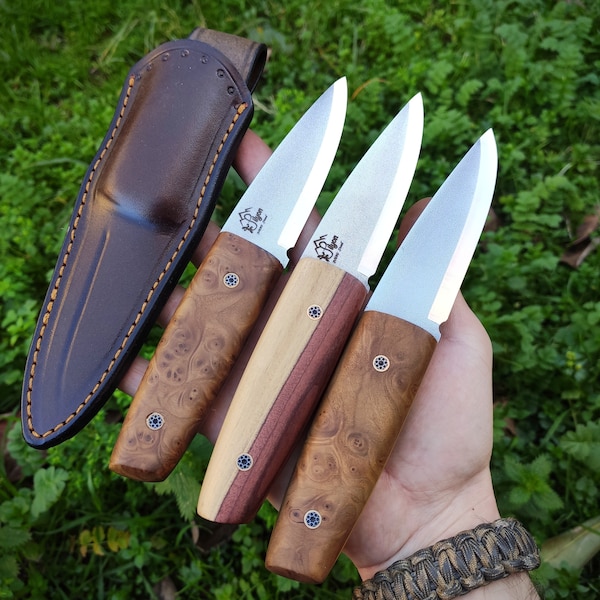 EDC Full Tang Puukko Knife, N690 Fixed Blade Scandi Bushcraft Knife with Belt Sheath, Handmade Wood Craft Knife gift for him