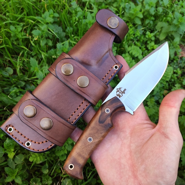 Custom EDC Knife with Scout Carry Leather Sheath, Stainless Steel Fixed Blade Outdoor Knife, Turkish Walnut Wood, gift for him