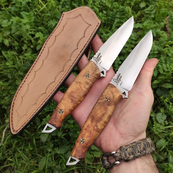 Elmax Steel Fixed Blade EDC Outdoor Knife & Sheath, Bushcraft Camping Knife, Wood Burl Handle, Custim Handmade Personalized Knife gift