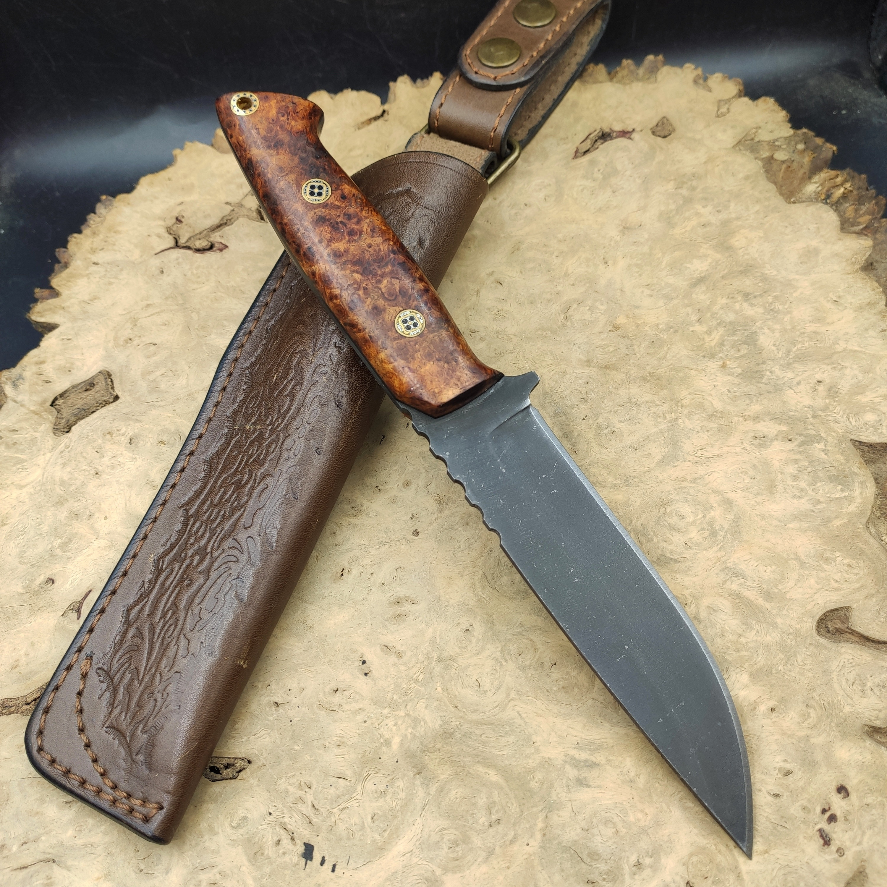 Rex 121 Steel Custom Knife, Unique Bushcraft Knife With Amboyna